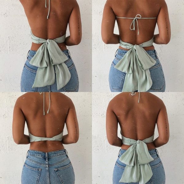 Satin Halter Sleeveless Backless Bandage Bow Tie Up Crop Top 5