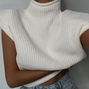 Turtleneck Sleeveless Sweater Top With Shoulder Pads  2